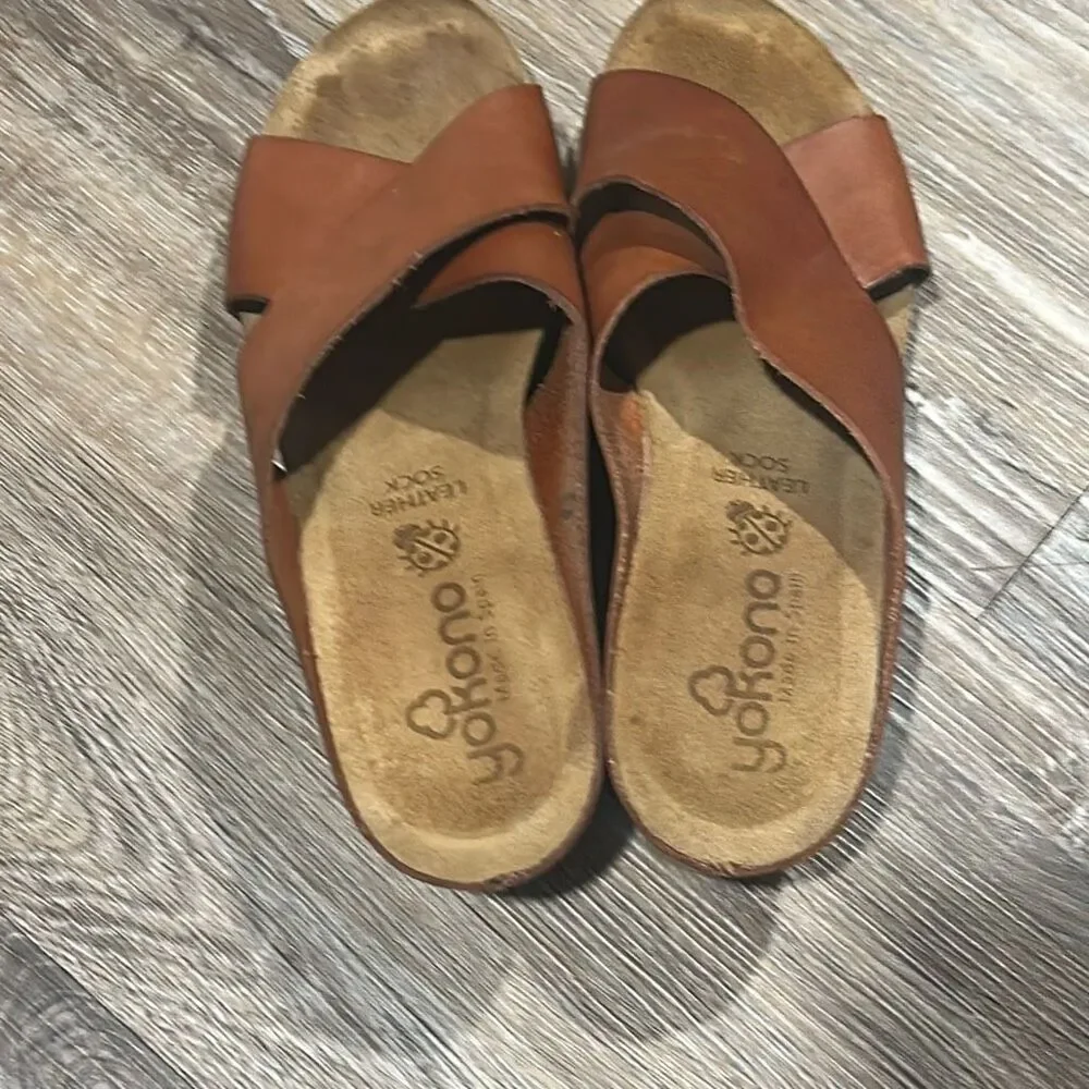 Yokono Spain brown cork wedge sandals 9 cross strap